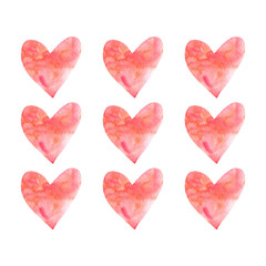 Watercolor hearts in row. Perfect for creating romantic postcards and Valentines Day decor. Hand drawn. Isolated on white background