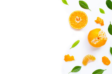 Fresh orange citrus fruit with leaves on white. Juicy, sweet and high vitamin C