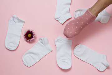 Women socks and female foot on pink background.