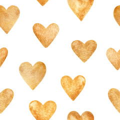 Watercolor illustration sparkling gold hearts isolated on white background. Seamless pattern with gold hand painted watercolor hearts for Valentine's day gift paper, wedding decor or fabric textile.