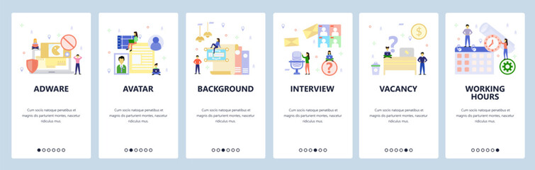 Mobile app onboarding screens. Working hours, calendar, office desk, employee profile, adware. Menu vector banner template for website and mobile development. Web site design flat illustration