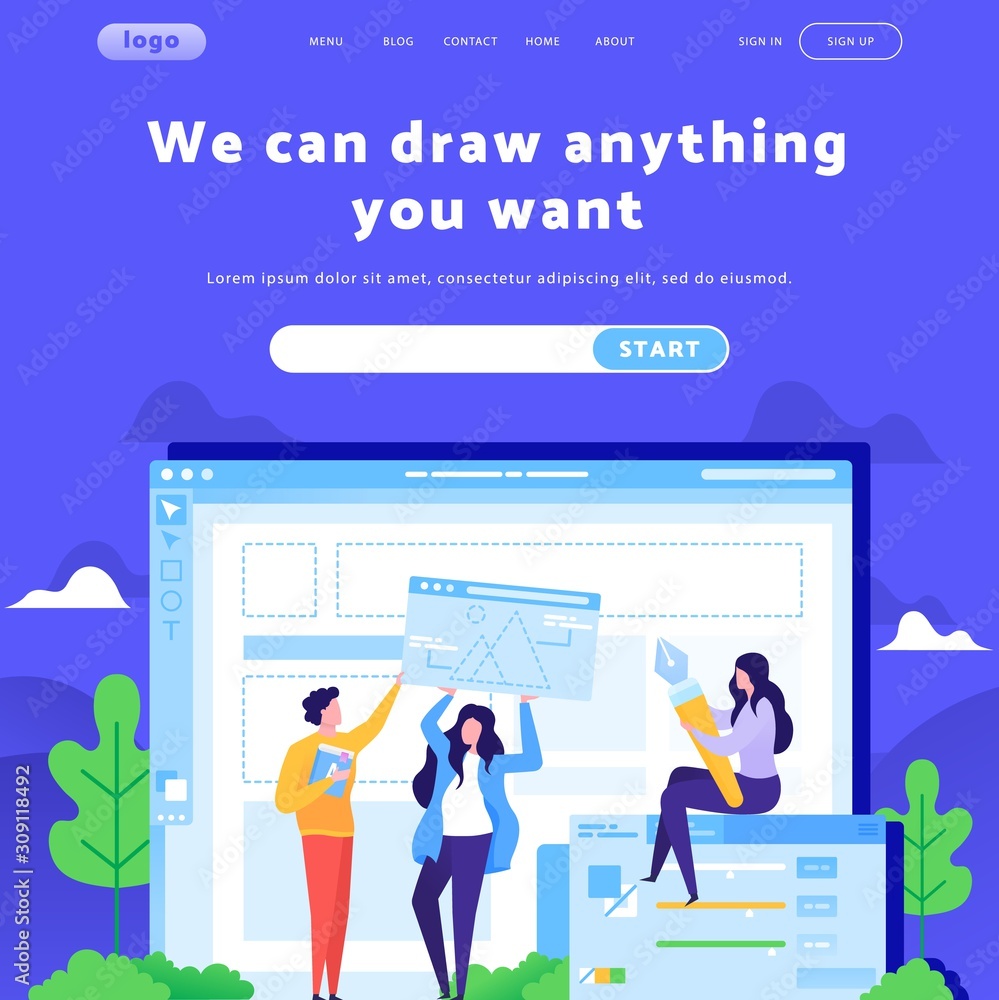 Poster vector web site design template. creative team develop site wireframe. landing page concepts for web