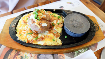 Beef steak in a special hot pan