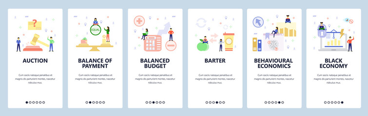 Mobile app onboarding screens. Behavioural economy, black market, financial chart, business auction. Menu vector banner template for website and mobile development. Web site design flat illustration