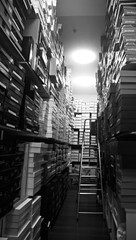 shoe storehouse with shoe boxes in black a white