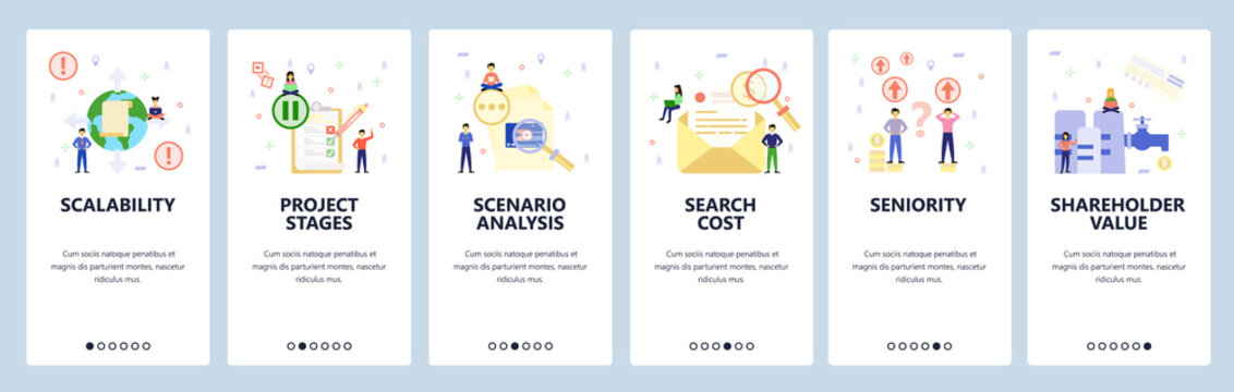 Mobile app onboarding screens. Money investment icons, search email, check list. Menu vector banner template for website and mobile development. Web site design flat illustration