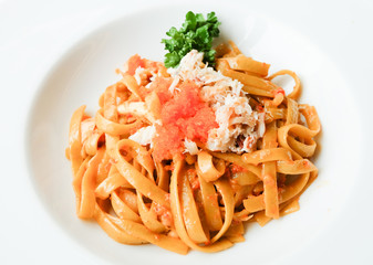 Crab Fettucini on white plate