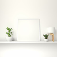 Home interior poster mock up with ceramic vase and plant, wooden table lamp on white wall background. 3D rendering. Illustration 