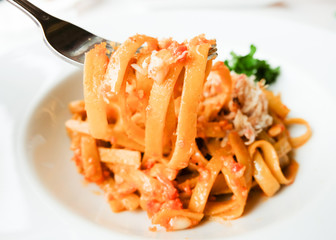 Crab Fettucini on white plate