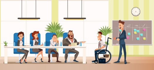 Disabled Person Successful Employment Trendy Flat Vector Concept with Company HR Managers Team, Boss Congratulating Man in Wheelchair with Successful Job Interview and Candidate Approval Illustration