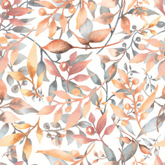 Fototapeta na wymiar Seamless watercolor pattern with floral in trendy burgundy, grey yellow and brown neutral colors. modern color.Hand drawn decor patterns with florals decoration.