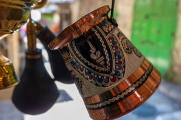 Colors, tastes and flavors of the Middle East in Arab Bazaar on King David's street. Souvenirs on the old arabic market in Jerusalem