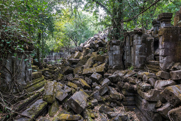 Ruins of ancient Beng Mealea Temple over jungle, Cambodia.