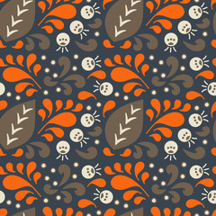 Vector seamless pattern of curls, spirals and berries on a black background. Floral art decor