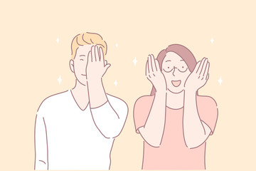 Facepalm gesture, joyful mood, funny situation concept. Young people laughing at joke. Boy feeling embarrassed. Woman covering face with hands. Cute facial expression. Simple flat vector
