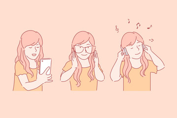 Leisure time, pleasant pastime, teens relax concept. Cute girl making selfie, using smartphone. Female teenager wearing eyeglasses. Dreamy kid enjoying music in headphones. Simple flat vector