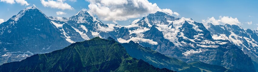 Switzerland, Panoramic view on Eiger, Monch and Mannlichen mountains from Schynige Platte