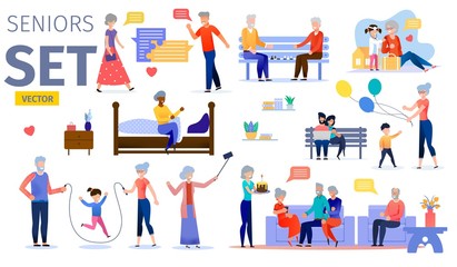 Happy Seniors, Active Aged People Trendy Flat Vector Characters Set. Grandparents Playing with Kids, Talking and Playing Chess with Friends, Celebrating Birthday with Family and Relatives Illustration
