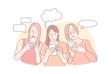 Online communication, correspondence, message app concept. Messaging, chatting, positive and negative emotions, good and bad news, young women with smartphones and speech bubbles. Simple flat vector