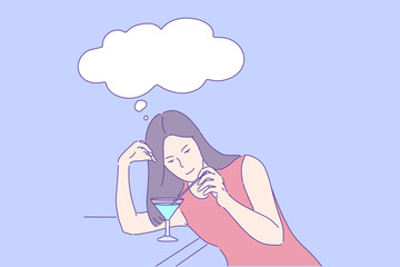 Evening leisure, night club rest alone, bar recreation concept. Solitude, thinking and dreaming, young woman with cocktail, single girl with glass and speech bubble. Simple flat vector