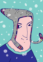 girl in winter hat, blue background and snowflakes