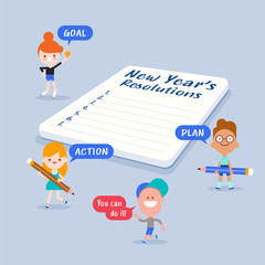 Cheerful tiny kids with New year's resolutions list on notepad. Vector cartoon illustration in flat design style.