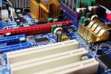 Closeup of electronic circuit board or PCB printed circuit board