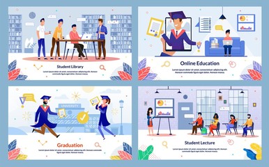 Modern College, University Students Activities and Routine Trendy Flat Vector Banners, Posters Set. Students Learning in Library, Studying Online, Visiting Lecture, Happy with Graduation Illustration