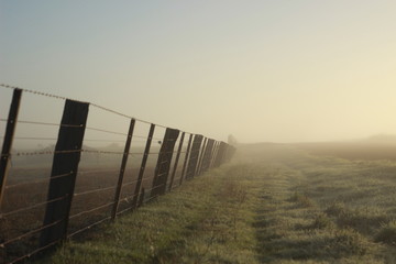 rusty old barbed wire fence leading off into the mist on a winters morning on a rural agricultural stock farm in rural Victoria, Australia