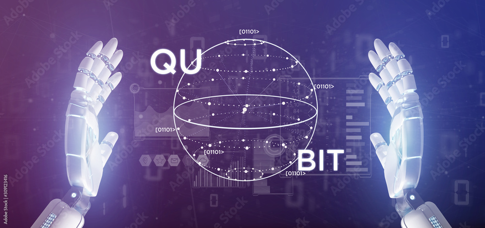 Poster cyborg hand holding quantum computing concept with qubit icon 3d rendering
