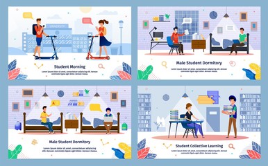 Modern Student Life Situations and College Education Daily Routine Trendy Flat Vector Banners Set. Students Going to University on Scooters, Resting in Dormitory, Reading Books in Library Illustration