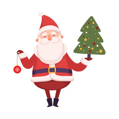 Funny Santa Claus Holding Fir Tree and Bauble, Cute Christmas and New Year Character, Winter Holidays Design Element Vector Illustration