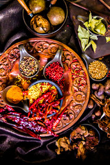 Top view Thai spices and herbs ingredient decoration on wood table for cook in home kitchen. 