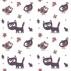 Fototapeta premium Seamless animal autumn pattern made with cat, bird, flower, plant, leaf