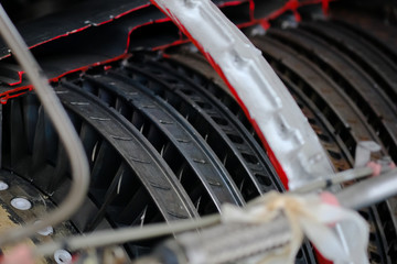 Old machine parts, Metallic background of automotive transmission gearbox, Aviation technology.