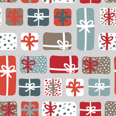 Seamless holiday pattern with multicolored gift boxes for fabric, wrapping paper. Christmas or Happy New Year seamless pattern with gift boxes.