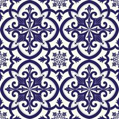 Stof per meter Spanish tile pattern vector seamless with flowers motifs. Portuguese azulejos, moroccan arabic, italian sicily majolica or delft dutch ceramic design. Background print for wallpaper or textile. © irinelle