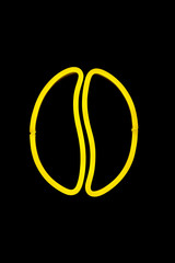 Yellow coffee bean neon sign on isolated black background. Neon concept. Modern style. Neon sign.