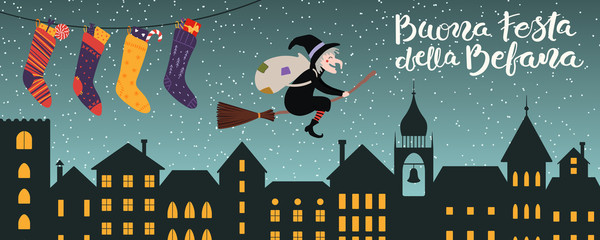 Hand drawn vector illustration with witch Befana flying on broomstick over city, stockings, Italian text Buona Festa della Befana, Happy Epiphany. Flat style design. Concept for holiday card, banner.