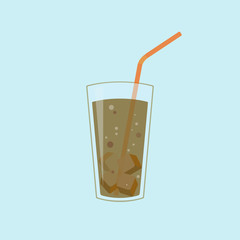 Glass with brown beverage, ice and straw. Abstract concept, icon. Vector illustration.