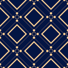 Geometric square print. Golden pattern on dark blue seamless background
