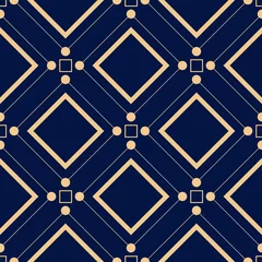 Fotobehang Donkerblauw Geometrische vierkante print. Gouden patroon op donkerblauwe naadloze achtergrond