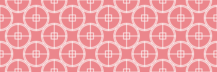 Fototapeta premium White seamless geometric pattern on pink long background. Mixed geometric shapes