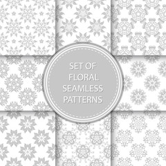 Compilation of floral patterns. Gray design with flowers on white background