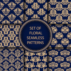 Compilation of floral patterns. Golden design with flowers on dark blue background