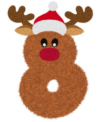 3D “Brown Reindeer wool fur feather Number Charactor” creative decorative with Red Christmas hat, Number 8 isolated in white background has clipping path. Design font for Christmas holiday concept.