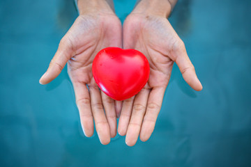 Hands holding a red heart on the water background.