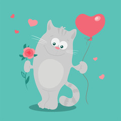 Cute cartoon cat with a rose and a balloon in the form of a heart for Valentine's Day. Vector illustration