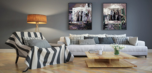 Modern living room interior with abstrack paintings (panoramic) - 3d illustration