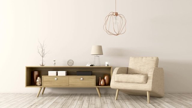 Modern interior of living room with wooden cabinet and armchair, home design, 3d animation rendering